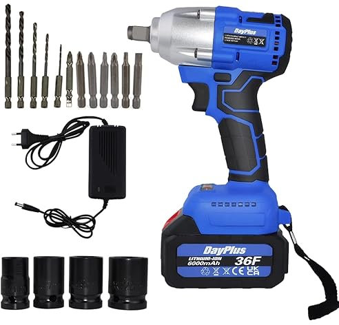 Rigogo 3-in-1 Cordless Impact Wrench 1/2 inch Driver, Brushless Imapct Wrench Gun 420Nm High Torque, 3200RMP, 1 x 6.0Ah Battery, Fast Charger, 4 Sockets and 12 Drill Bits, Blue