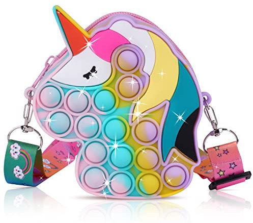 Ainiv Pop Push It Tasche Handtasche, Pop Tasche, 2 in 1 Fidget Toys Taschen Umhängetasche mit Längenverstellbarem Tragegurt, Einhorn Fidget, Anti Stress Spielzeug Schultertasche für Kinder