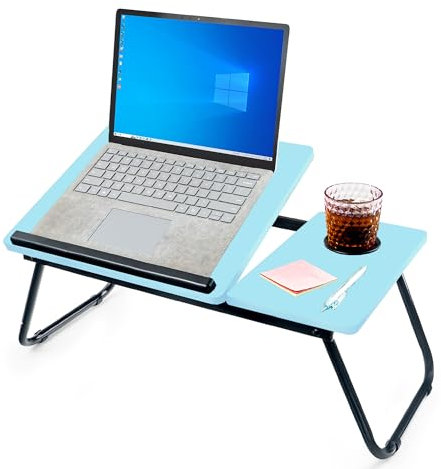 unycos - Laptoptisch, Betttablett Klappbar mit Höhenverstellbar und Cup Slot, Frühstückstablett, Lapdesk für Sofa, Arbeiten, Studieren, Lesen, Schreiben, | MDF & Stahl, 56x33x23 cm (Blau)
