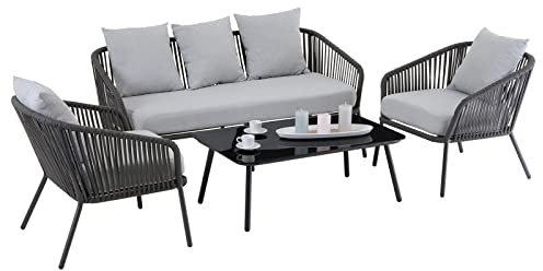 CARO-Möbel Gartenmöbel Bengal mit Dreisitzer, Zwei Sessel, Beistelltisch in schwarz/grau, Strapazierfähige, Wasserabweisende Polster, Gestell aus Aluminium, Beistelltischplatte aus Sicherheitsglas