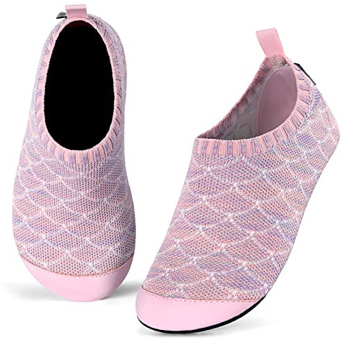 Kyopp Kinder Hausschuhe Junge Mädchen Pantoffeln Aquaschuhe Atmungsaktive rutschfest Barfussschuhe Slipper Kindergarten Unisex (Fischschuppen Rosa 26/27 EU)