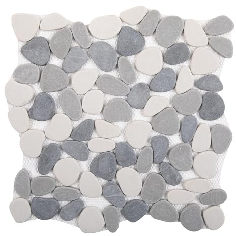 Soulscrafts Pebble Tile for Shower Floor, Grey with White Pebble Mosaic Backsplash, Bathroom Shower Floor Kitchen Backsplash Tiles Pack of 5 Sheets