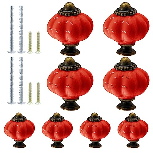 Suiwotin Keramik-Kürbisknäufe – Rot, Vintage- und Retro-Knäufe für Kommoden, Schminktisch, Schrank, Möbel, 8 Stück