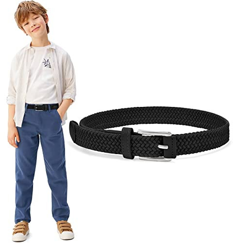 WHIPPY Kinder Gürtel Elastik Unisex Geflochtener elastischer Stretch Gürtel gewebter gürtel für Jungen und Mädchen Endspitze aus Leder mit Dornschließe, 3 cm breite, schwarz 90cm