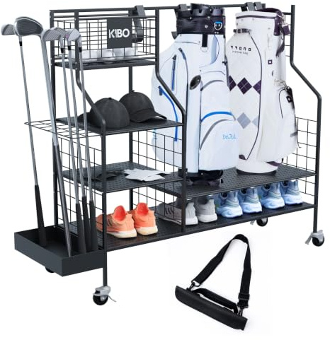 KIBO Golf Organiser - Golf Storage Rack, Black with Wheels - Golf Club and Bag Storage - Garage Display for Golf Accessories, Including Golf Club Carry Bag