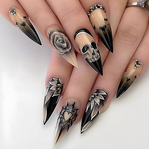 Carufin 24 PCS punk Skull Night faux ongles rose cristal foncé faux ongles Halloween long ongles pointus presse faux ongles