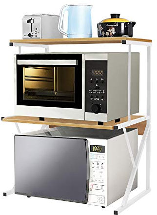 Pantanal 2 Layer Microwave Oven Shelf with Drawer Countertop Kitchen Spice Racks Unit Storage Rack Freestanding, Home Office Desktop Printer Stand Wood Tabletop Metal Frame (3 Layer/Walnut)