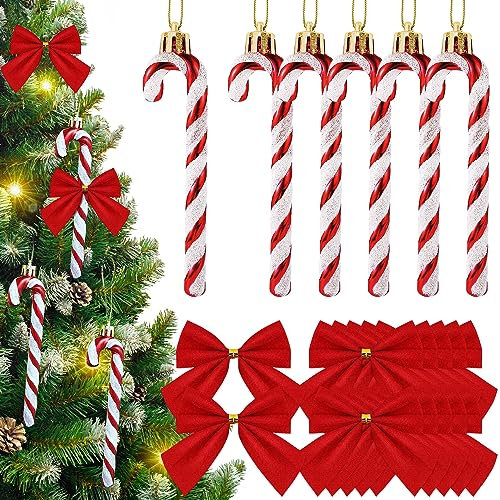 FUKPO 6 Stück Zuckerstangen Weihnachtsdeko und 12 Stück Rote Schleifen Weihnachten Deko, Christbaumschmuck Rot Zuckerstangen Kunststoff Weihnachtsbaumschmuck Weihnachtsbaum Anhänger