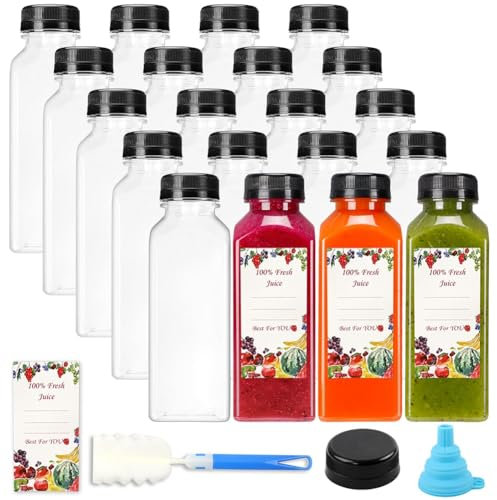 Sweetness Lot de 20 bouteilles de jus vides en plastique de 300 ml avec bouchons, réutilisables, récipients transparents avec couvercles noirs