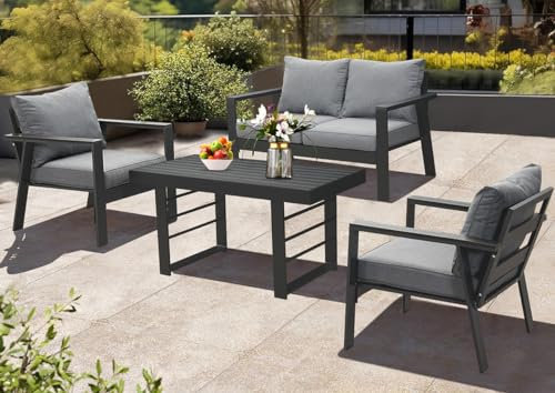 Gartenmöbel Set Aluminium 4 TLG, 2-Sitzer Sofa, 2 x Einzelsessel, 1 x Esstisch, 7 x Auflagen, wetterfest Essgruppe Gartengarnitur für Garten, Balkon & Terrasse (Grau)