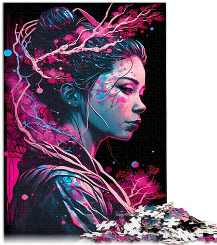 Puzzle mit 1000 Teilen für Erwachsene, Geisha Neon Cherry Blossom, Holzpuzzle für Jugendliche und Erwachsene, Holzpuzzle für Familienspiele und Heimdekoration, Größe: 50 x 75 cm