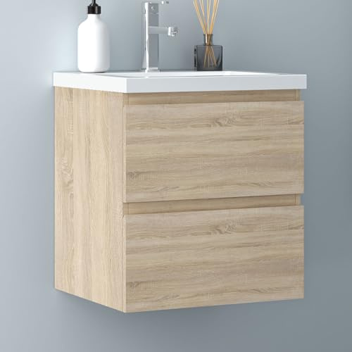 Biubiubath Badezimmermöbel 50cm Mineralguss Waschtisch mit Unterschrank Badmöbel Set Badezimmerschränke mit 2 Soft-Close Schubladen Eiche Matt