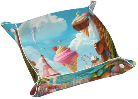 Faux Leather Valet Tray Cartoon Scene with Ice Cream Bedside Desk-top Storage Tray Nightstand Caddy Tray