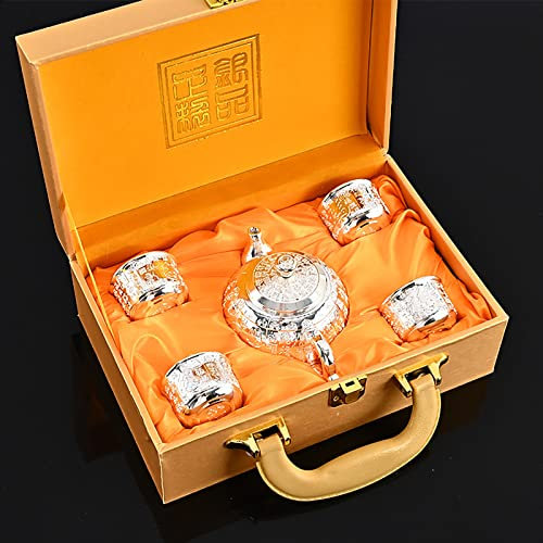 NIYADO Tazzine di ceramica a mano Set da tè in argento da 6 pezzi, set da tè/vino fatto a mano con drago cinese e fenice vintage, include teiera e tazze da tè (colore: oro)(Silver)