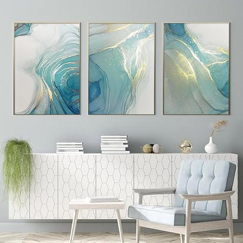 Kunstposter - 3-Teilig Abstraktes Marmor-Türkis-Gold-Flüssigkeitsposter Wandkunst Leinwandgemälde Drucke Bilder Wohnzimmer Inneneinrichtung Zuhause Büro Dekoration - 60*80 Cm - 3Stück (Ohne Rahmen)