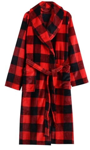 Cexiakong Pigiama da uomo lungo in flanella, accappatoio, vestaglia con pile tartan, in morbido cotone, per sauna, invernale, comoda biancheria da notte con collo sciallato