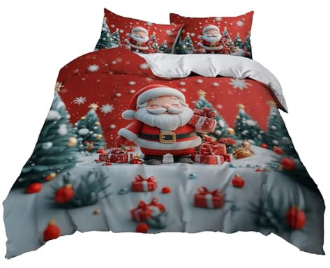 Weihnachts Bettwäsche Set 135x200cm Mikrofaser mit Weihnachtsmann- und Schneeflocken-Muster, Winterbettwäsche mit Kissenbezug 80x80cm, warm und dekorativ, ideal für gemütliche Festabende