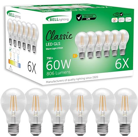 BELL Lighting E27 Edison Screw Cap Filament Light Bulb LED GLS 6 Pack | Warm White 2700K | 810 Lumen 7 Watts | Energy Saving GLS LED Light Bulb | 60W Lamp Equivalent | Non-Dimmable