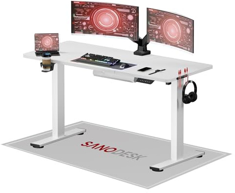 SANODESK Bureau Gaming Réglable en Hauteur 140x60 cm, Bureau Assis Debout, Table Électrique avec Fonction de Mémoire,Fonction de Rappel de Sédentarité, Blanc