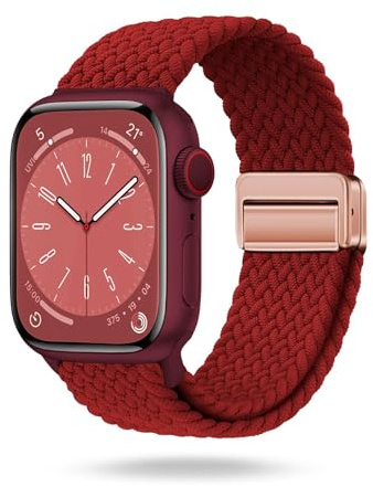 ONEFLOW Casual Loop Kompatibel mit Apple Watch 9 (45mm) Geflochtenes Armband Elastisch, Textil iWatch Armbänder Damen Herren, Sport Nylon Stoff Band Verschluss Magnetisch, Rot