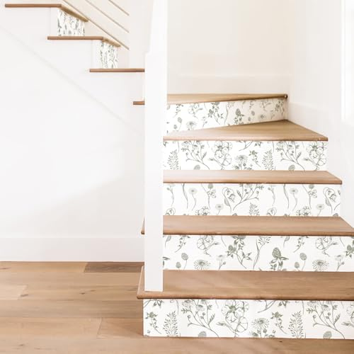 Neukids 15Pcs White Stair Sticker Flowers,Self Adhesive Stair Riser Decals | Peel and Stick,Kitchen Bedroom Tile Sticker,Stair Fireplace Furniture Decoration 100x18cm