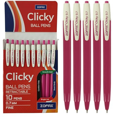 ZOFAX Clicky Retractable Ballpoint Pens, PINK, Fine Point (0.7mm), Pack of 10, Smooth Ball Pens, Comfort Grip, Multi Pack, Perfect for School Office Home Business Hospital Everyday Use