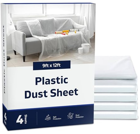 Plastic Dust Sheets for Decorating Pack of 4 Painting Drop Cloth Polythene Sheeting Large Plastic to Cover Furniture, Floor & DIY Projects