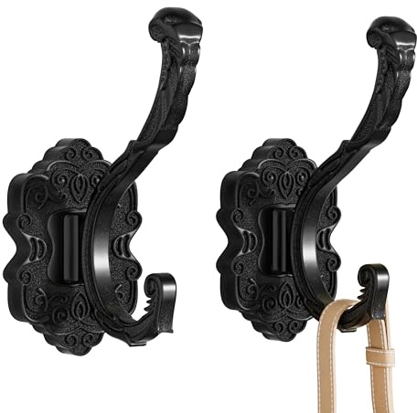 2Pcs Vintage Black Towel Hooks, Decorative Wall Hooks for Bathroom, Bedroom | Sturdy rust-proof matte black aluminum, hidden screw seamless design, large holds robes/towels/coats/bags, kit included.