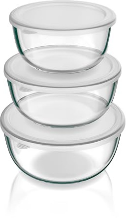 Arendo - Salatschüssel aus Glas mit Deckel - Glasschüssel 3er Set - 700ml + 1100ml + 1500ml – Rührschüsseln klein bis groß – Borosilikatglas - Glasschale Salatglasschale