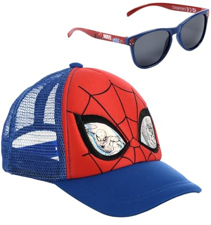 Marvel Spider-Man Cap und Sonnenbrille Set für Kinder, Rot und Blau, Baseballkappe verstellbar, Sonnenschutz, Mesh, Mütze, Gr. 52, Gr. 54 cm