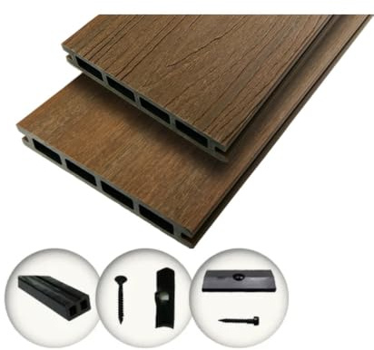 Terrassendielen WPC COEX WoodoThassos | Diele für Balkon + Terrasse Außenbereich 2,4 m x 14 cm x 2,5 cm mit Clipsystem & Unterkonstruktion Komplettset (teak, 5 m²)
