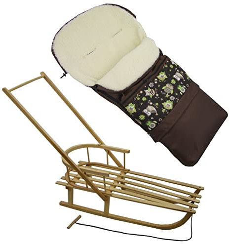 Rawstyle *KOMBIPAKET* SCHIEBESCHLITTEN mit Rückenlehne incl. Zugleine + WINTERFUSSSACK 3 in 1 aus Lammwolle für Kinderwagen - Lehne - Kinderschlitten - Schlitten aus Holz NEU (Eulen § 14)