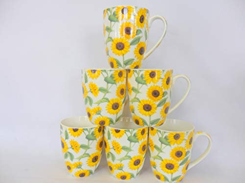 Heron Cross Pottery Abbeydale Collection Set of 6 China aspen Mugs in Sunflower design