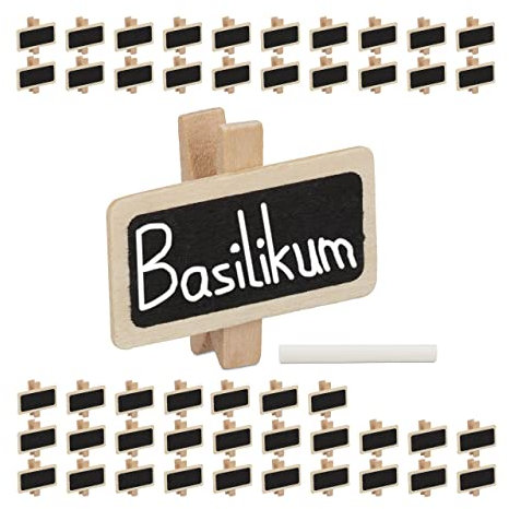 Relaxdays 144x Mollette Segnanome, Set Etichette da Scrivere, 3 Gesso, Clip, Erbe Aromatiche, Lavagnetta 4x2 cm, Legno, Naturale
