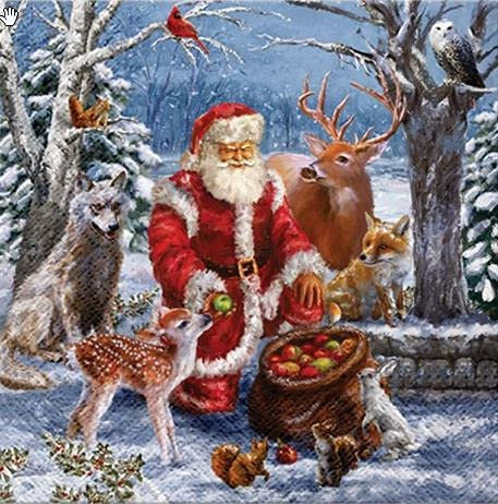 Servietten Weihnachten 20 servilletas de Papá Noel, animales en el bosque, Papá Noel, invierno, Navidad, decoración de mesa, 33 x 33 cm