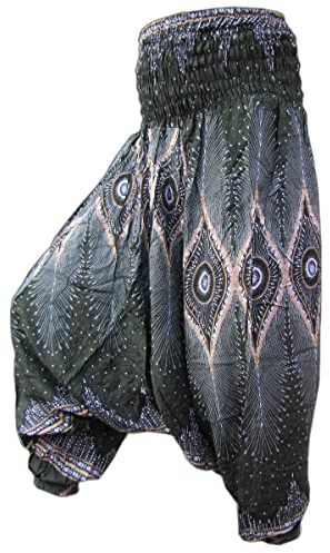 PANASIAM Aladinhose Damen & Herren 2in1 - Haremshose & Jumpsuit - 2 Längen | Unisex Pumphose 100% Viskose, breiter Bund, Design Pfauenauge, L & XL bis 2m Körpergröße, Goa Hose für Yoga & Freizeit
