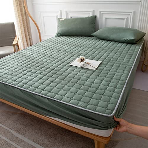 YUDEYU Alles Baumwolle Gewaschener Baumwollstoff Spannbettlaken Gesteppte Verdickung Tagesdecke Matratzenschoner Topper (Farbe : Grün, Größe : 140x200cm+25cm)