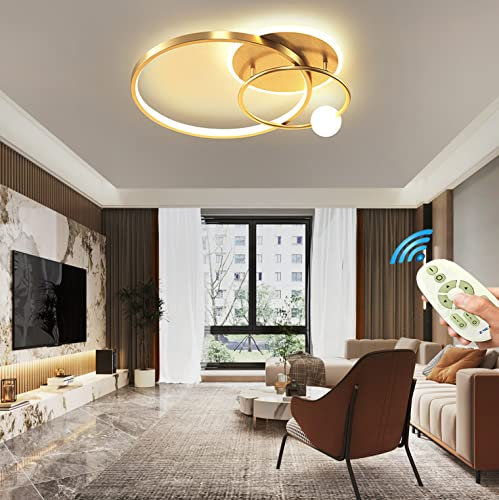 Modern Schlafzimmer Esszimmer Deko Lampe Deckenleuchte Gold Wohnzimmerlampe Hängend Leuchte LED Dimmbar Deckenlampe Rund Ring Design mit Fernbedienung Decke Pendelleuchte Küchen Lampe