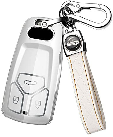 ontto Coque de clé, Porte Clé Voiture, Protection Clef Voiture pour Audi A4 Q7 Q5 TT A3 A6 SQ5 R8 S5, Coque en TPU avec bord argenté Blanc
