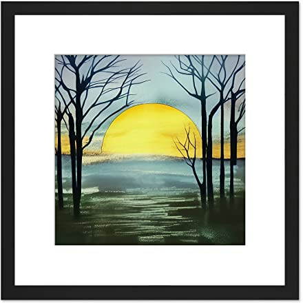 Wee Blue Coo Silhouette Trees At Sunset Sunrise Winter Forest Green Watercolour Painting Square Wooden Framed Wall Art Print Picture 9X9 Inch