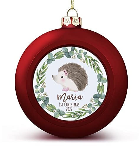 Jolie boule de Noël hérisson - Nom personnalisé - Bébé - 1er Noël 2022 - Pendentif arbre de Noël à suspendre - Décoration de Noël saisonnière pour la maison et la ferme