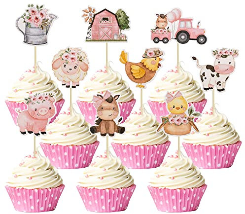 Gyufise 36Pcs Pink Floral Farm Animal Cupcake Toppers Pink Cute Girl Farm Animal Birthday Cupcake Toppers Picks for Girls Farm Animal Theme Baby Shower Barnyard Birthday Party Supplies