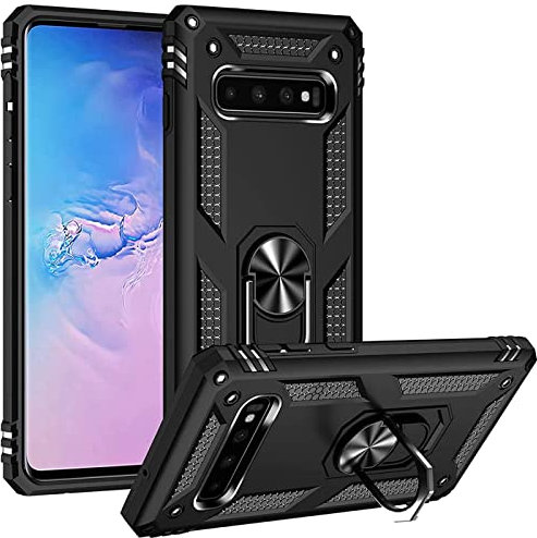 Verco Hybrid Armor Shiel Case für Samsung Galaxy S10 Hülle, extrem robust mit Magnet Fingerring Halter Handyhülle für Samsung S10 Panzerhülle, Schwarz