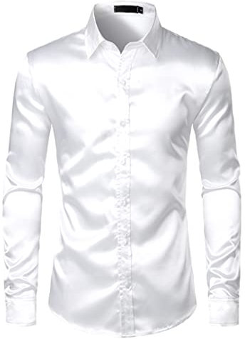 Juego de 3 camisas de vestir de seda negras para hombre (camisa + corbata + pajarita) camisa de satén suave ajustada para fiesta, graduación, casual, 1 pieza, color blanco, talla S