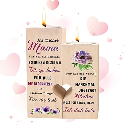 Wooden Heart-Shaped Candle Holde，kerzenständer-Geschenke für Mama,Muttertagsgeschenk,Jubiläum, Kerze personalisiert,Geburtstagsgeschenk für Mama（Mama Geschenk）