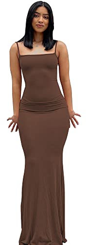 TOFBS Mujer Vestido Largo Casual Tirantes Vestido Ajustado sin Mangas Sexy Elegante Bodycon Maxi Vestido Verano para Cóctel Fiesta Partido Playa Club (Marrón,S)