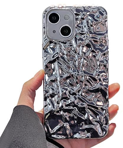 EYZUTAK Case for iPhone 13/iPhone 14 6.1 inch, Luxury Bling Glitter Tin Foil 3D Pleats Design Phone Case Soft TPU Electroplated Sparkly Protective Slim Fit Shockproof Phone Case Cover - Silver