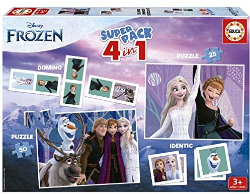 Educa - Die Eiskönigin Superpack 4in1, inkl. Domino, Memo Spiel und 2 Puzzles, für Kinder ab 3 Jahren, Disney, Frozen (19737)