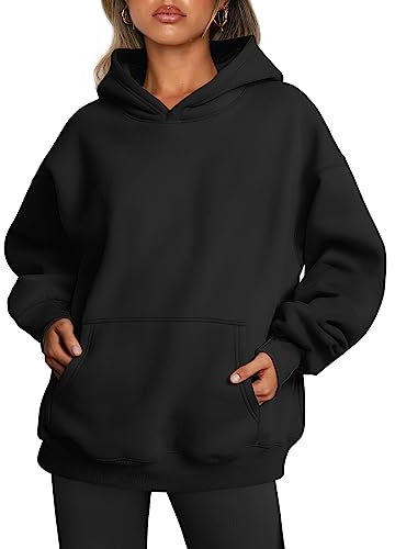 Trendy Queen Damen-Kapuzenpullover, übergroß, Fleece, langärmelig, Pullover, Herbst-Outfits mit Tasche, Schwarz, S