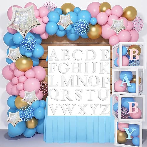 4 Stück Baby Box mit 26 Buchstaben, Ballonbox Baby Shower Deko, Transparent Ballon Box,Babyparty Deko Mädchen Junge, Baby Party Dekoration Ballon Boxen, Gender Reveal Babyshowerparty Deko Ballonboxen